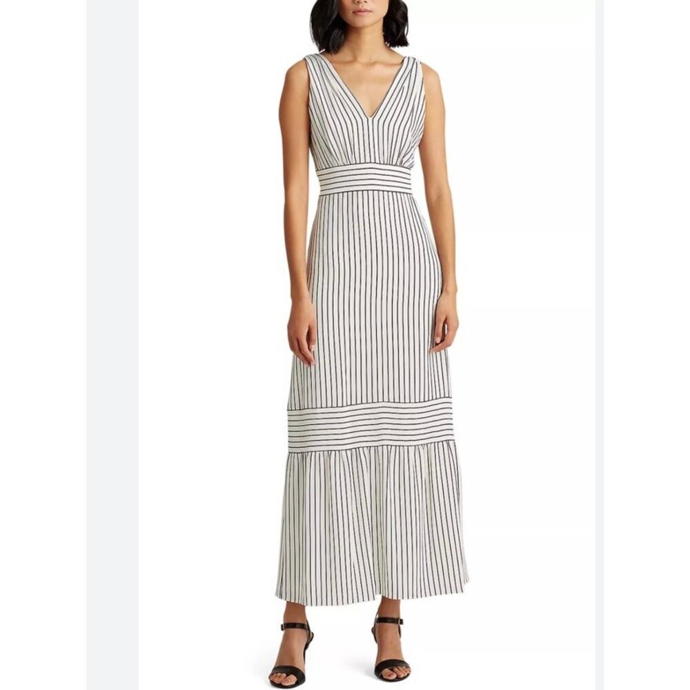 Ralph Lauren Striped‎ Tiered Crepe Dress White Black Women's XL Sleeveless